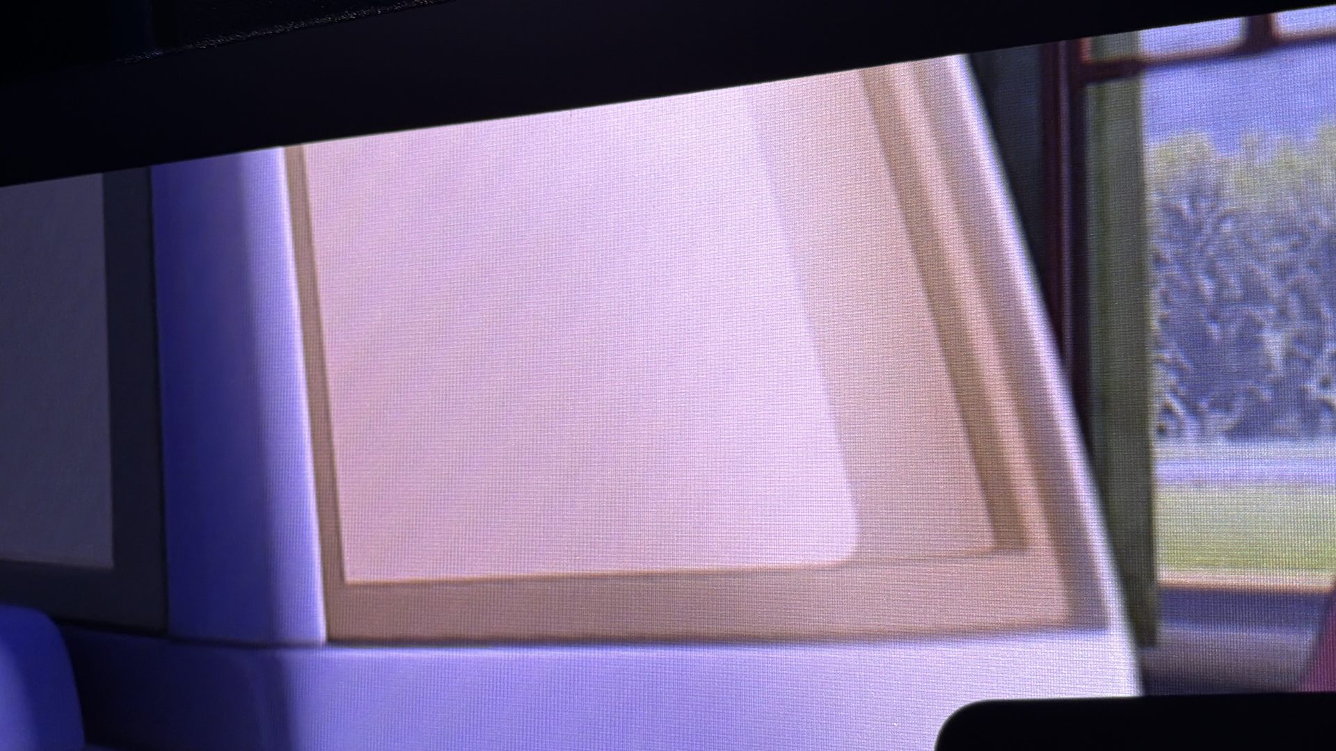 Nahaufnahme einer hellen, gezeichneten Filmszene auf der Leinwand. Das feine Gewebe der Leinwand ist als gleichmäßiges Raster über dem ganzen Bild zu erkennen.