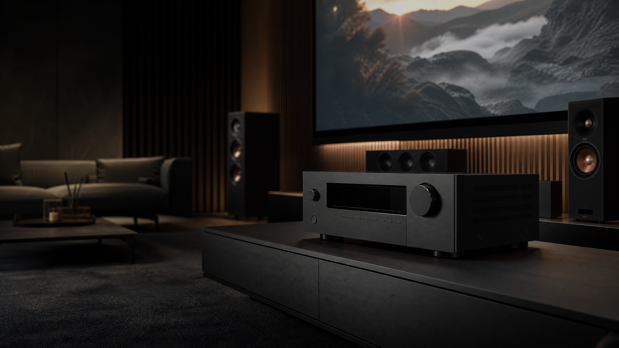 Yamaha RX300A und RX500A – Heimkino-Receiver Modernes Heimkino mit AV-Receiver, Lautsprechern und großformatiger Projektion in dunkler, filmischer Atmosphäre.